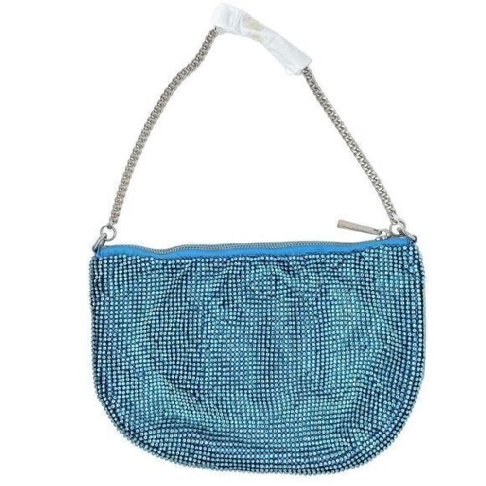 Aqua Crystal Glass Mesh Beaded Shoulder Bag Clutch Purse in Blue New